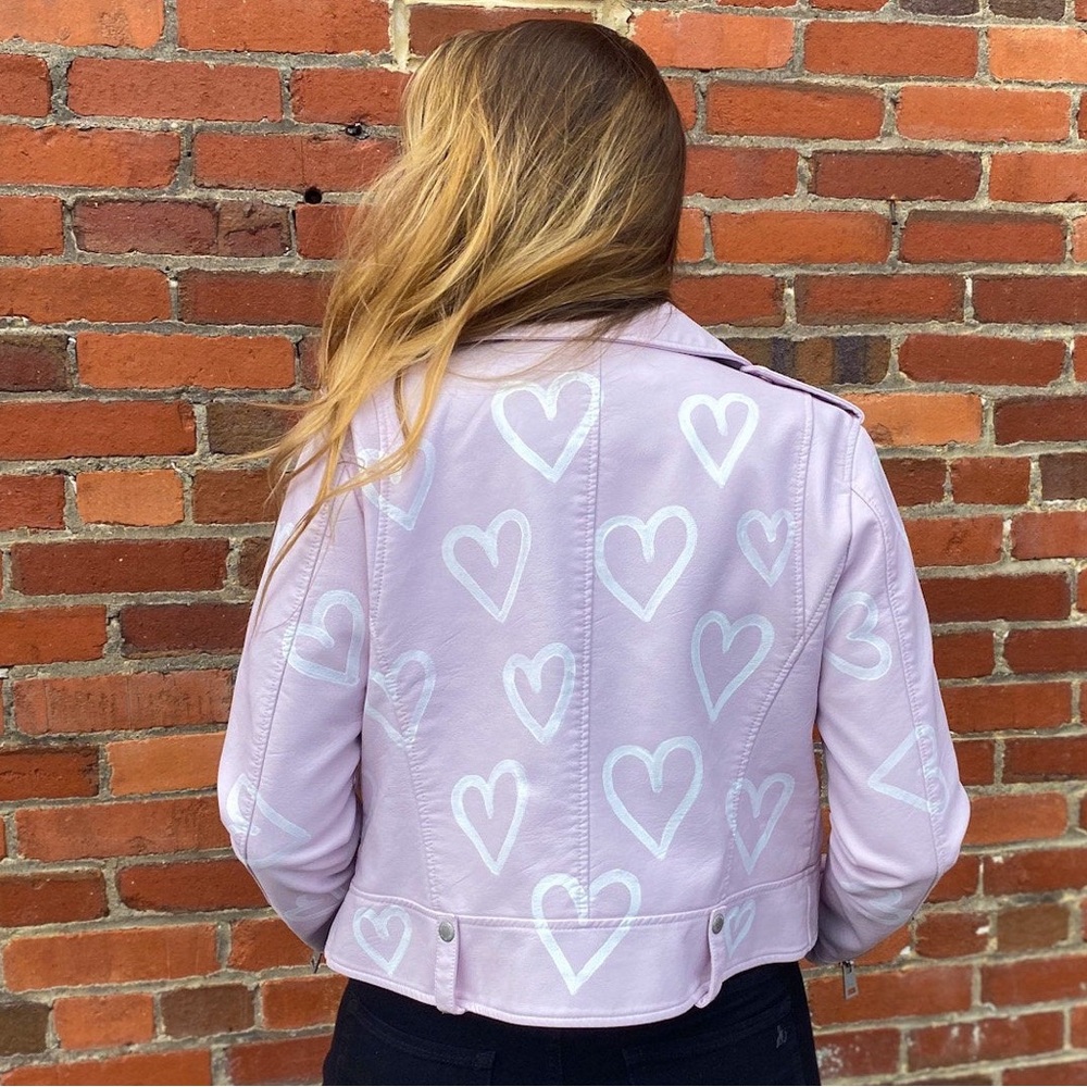 Painted Hearts on Pink Leather Moto Jacket — Large